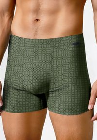 Mannelijke romp in groene boxershorts met een klein vierkant patroon, staand tegen een eenvoudige witte achtergrond.