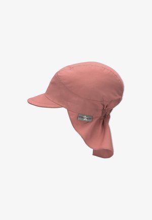 Rosa Stoff-Sonnenhut mit breiter Krempe und Nackenklappen. Verfügt über ein angenähtes Etikett mit der Marke "Sternentaler." Glatte Textur, leichtes Design.