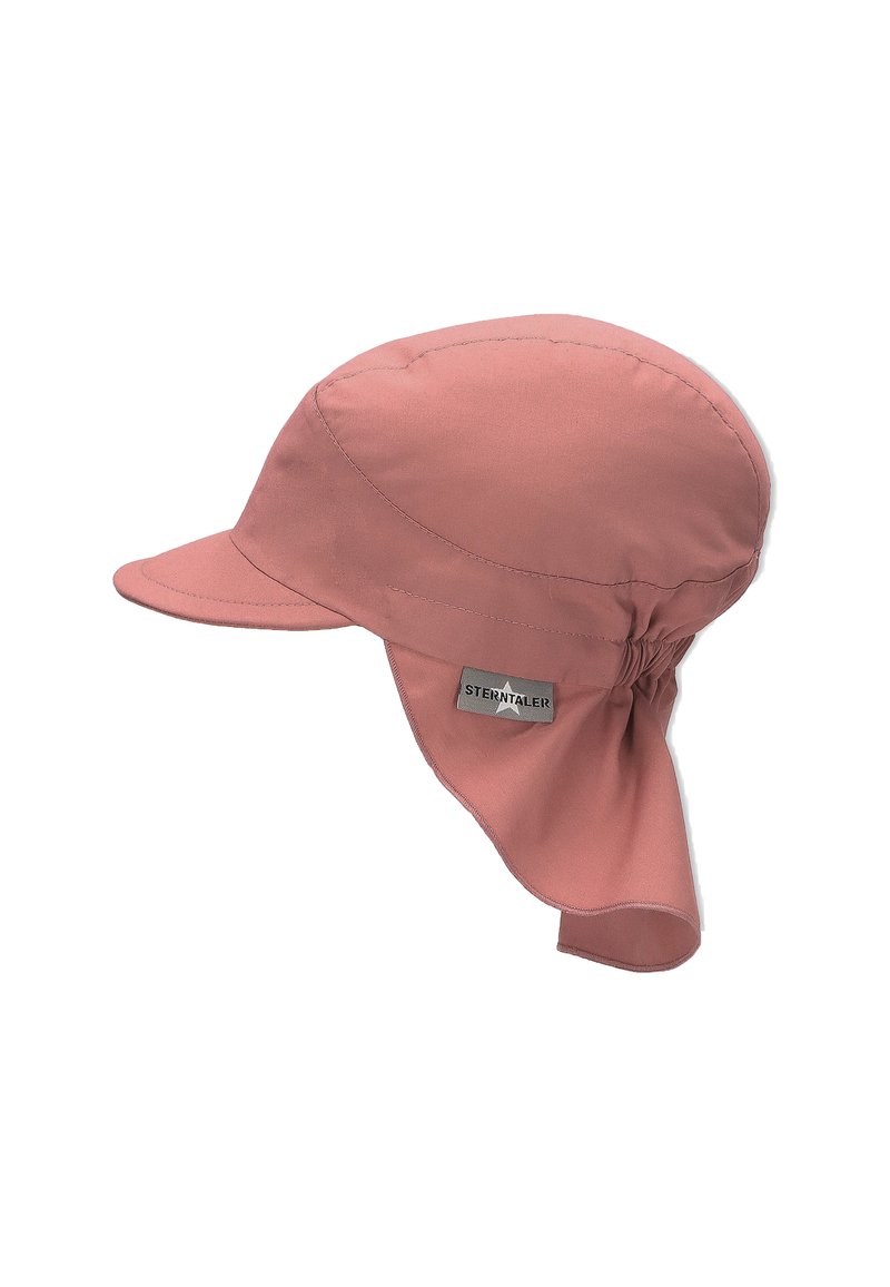 Rosa Stoff-Sonnenhut mit breiter Krempe und Nackenklappen. Verfügt über ein angenähtes Etikett mit der Marke "Sternentaler." Glatte Textur, leichtes Design.