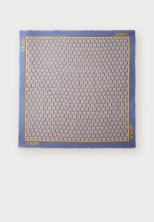 Purple scarf featuring a geometric pattern of yellow shapes on a woven texture, with “JOOP!” printed in yellow at the bottom corner.