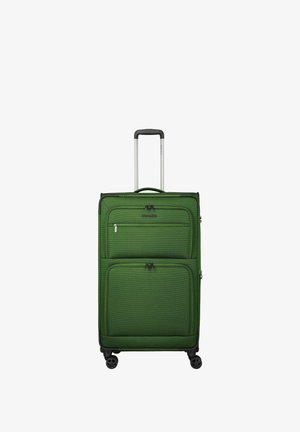 Valigia morbida verticale verde con manico telescopico, due tasche frontali con zip e quattro ruote nere girevoli su sfondo bianco.