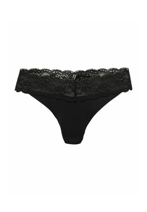Black lace-trimmed thong underwear with floral lace waistband and smooth fabric front panel on white background.