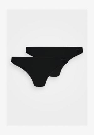 Black thong underwear made of smooth fabric, featuring a minimalist design. Two pieces displayed with logo accent on the waistband.