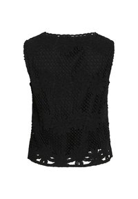 Black sleeveless crochet top featuring floral patterns, a textured finish, and a round neckline, with an open design at the hem.