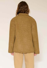 Veste en suédine marron avec col, épaules tombantes et coupe décontractée. Surface texturée et dos uni sans détails de design visibles.