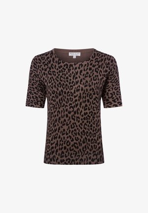 Brown short-sleeve top featuring a black leopard print pattern, ribbed texture, and a round neckline with a straight hem. Brand label visible.