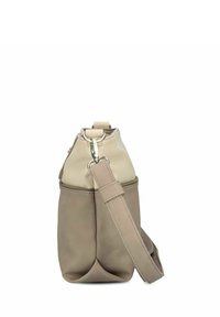 Borsa in pelle bicolore beige e taupe con tracolla removibile e chiusura in metallo argentato, mostrata in anteprima laterale su sfondo bianco.