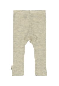 Leggings acanalados de color beige claro con una textura suave, que cuentan con una cinturilla elástica y una pequeña etiqueta de la marca en la costura lateral izquierda.
