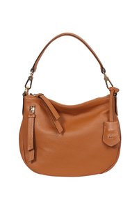 Medium-sized brown leather handbag with a textured finish, curved silhouette, single shoulder strap, and detailed zipper pulls.