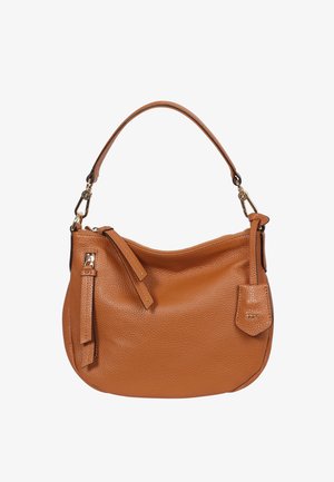 Mittelgroße braune Ledertasche mit strukturierter Oberfläche, geschwungener Silhouette, einem einzelnen Schulterriemen und detaillierten Reißverschlussanhängern.