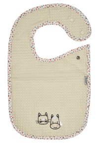 Baumwolllatz in Creme mit einer strukturierten Oberfläche, umrandet von einem floralen Muster. Verfügt über ein Design mit Katze und Pferd, mit Druckknopfverschluss.