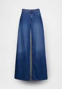 Džíny s širokými nohavicemi z modrého denimu, s vysokým pasem, zapínáním na knoflíky a designem s pěti kapsami. Čistý střih s hladkou texturou.