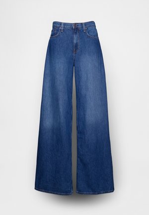 Vidbenede jeans lavet af blåt denim med høj talje, knaplukning og fem-lomme-design. Rene snit med en glat tekstur.