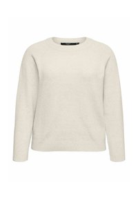Lys beige strikket sweater med rund hals, lange ærmer samt ribbede manchetter og kant. Blød tekstur, enkelt design og uden synlige mønstre.