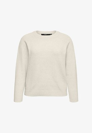 Pull en tricot beige clair avec un col rond, des manches longues et des poignets et un ourlet côtelés. Texture douce, design simple et sans motifs visibles.