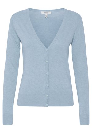 Himmelblauer Cardigan mit V-Ausschnitt, langen Ärmeln und Knopfverschluss. Hergestellt aus einem weichen Material mit gerippten Akzenten am Saum und an den Bündchen.
