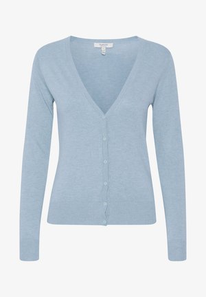 Himmelblauer Cardigan mit V-Ausschnitt, langen Ärmeln und Knopfverschluss. Hergestellt aus einem weichen Material mit gerippten Akzenten am Saum und an den Bündchen.
