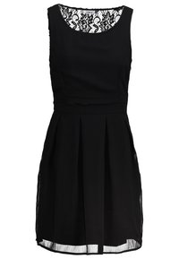 Černé šaty s přiléhavým korzetem, krajkovým výstřihem a skládáním na sukni. Vyrobené z hladké tkaniny s průhlednými překryvnými panely.