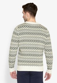 Striktrøje med en cremefarvet bund og grønne geometriske mønstre, med ribbede manchetter og kanten. Designet med en klassisk rund hals.