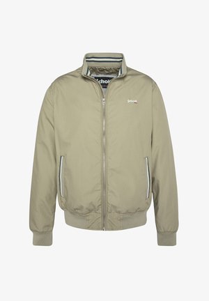 Khaki bomber jacket z zamkiem błyskawicznym, ściągaczami na mankietach i dolnym wykończeniu, bocznymi kieszeniami oraz w paski podszewką. Zawiera logo na klatce piersiowej.