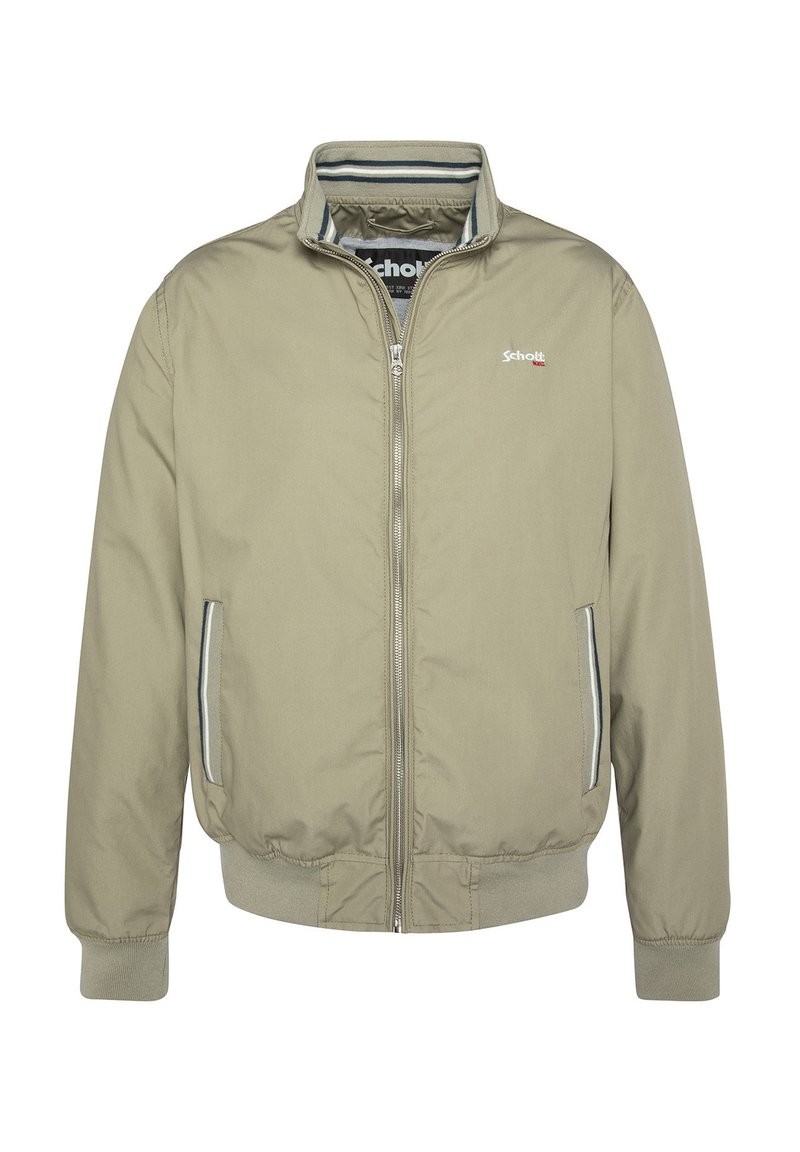 Khaki Bomberjacke mit Reißverschluss, gerippten Bündchen und Saum, seitlichen Taschen und einem gestreiften Innenfutter. Mit einem Logo auf der Brust.