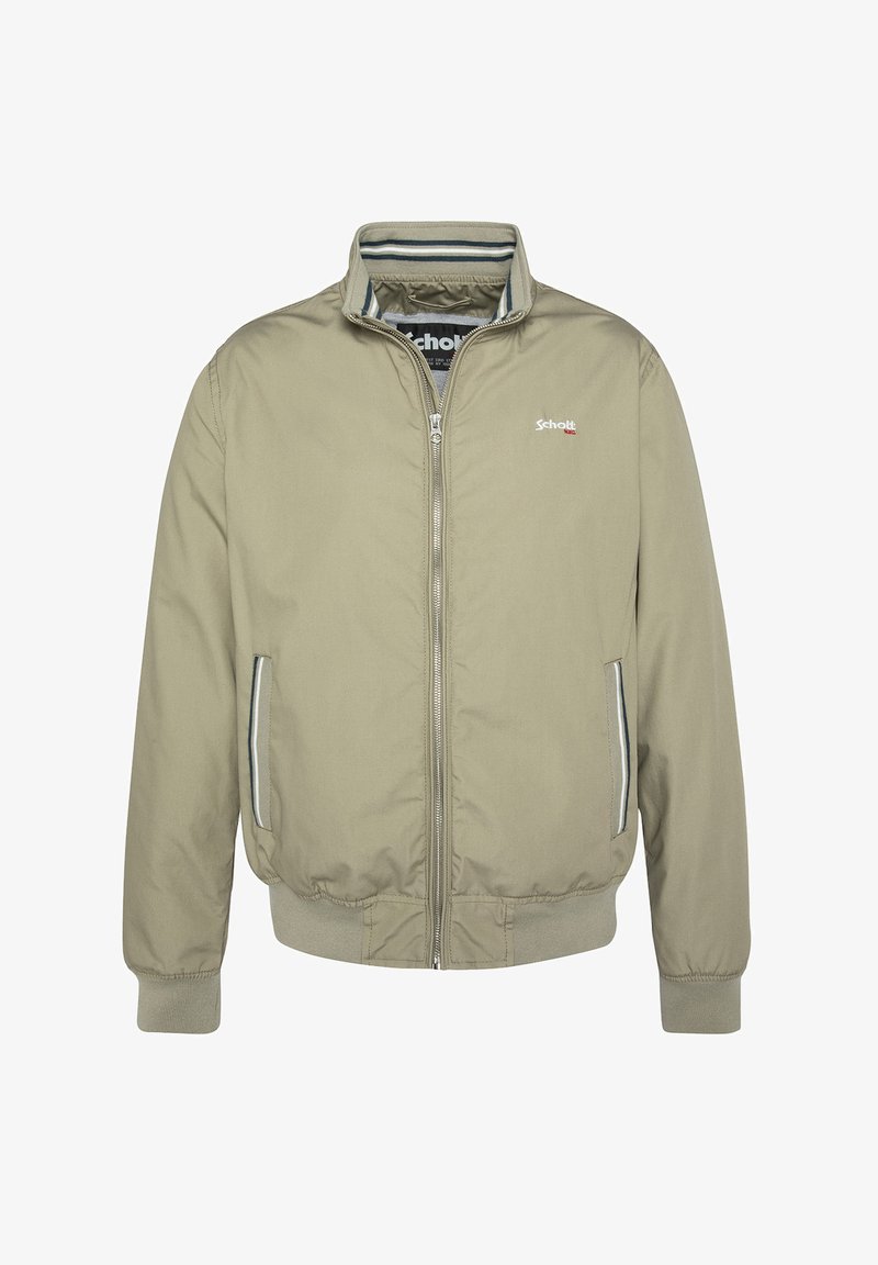 Khaki Bomberjacke mit Reißverschluss, gerippten Bündchen und Saum, seitlichen Taschen und einem gestreiften Innenfutter. Mit einem Logo auf der Brust.