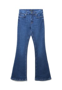 Jeans in denim blu a gamba svasata con vita media, dotati di tasche frontali e chiusura a bottone. Texture morbida con dettagli cuciti.