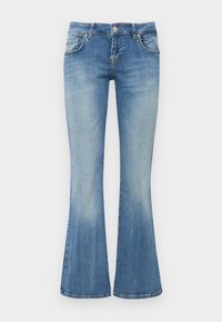 Jeans acampanados de color azul claro hechos de denim con un acabado ligeramente desteñido, que cuentan con una cintura de altura media y bolsillos frontales y traseros estándar.