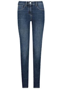Tmavě modré džíny skinny, s předním zapínáním na knoflík, pěti kapsami a jemným vyblednutím podél nohavic.