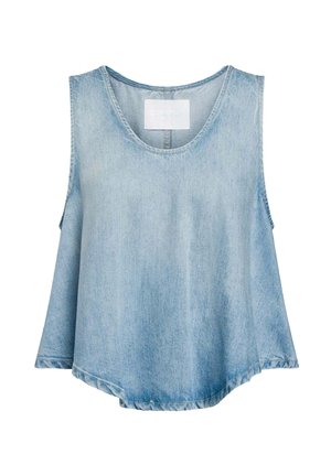 Lichtblauwe mouwloze denim top met een ronde halslijn en een licht uitlopende, gebogen zoom.