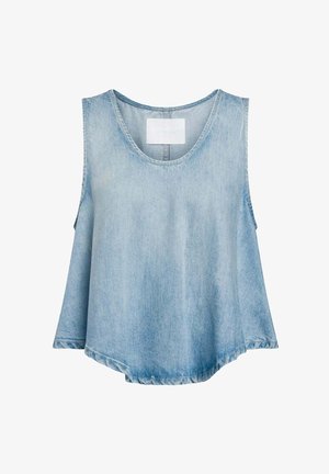 Lichtblauwe mouwloze denim top met een ronde halslijn en een licht uitlopende, gebogen zoom.