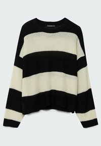 Maglione a righe nero e panna in maglia con scollatura rotonda e spalle scese. Texture morbida con una vestibilità ampia e orlo a coste.