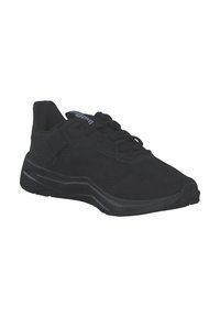 Schwarzer Sportschuh mit einem strukturierten Mesh-Obermaterial, gepolstertem Kragen und Gummisohle, ausgestattet mit Schnürverschluss und dezenten Logodetails.