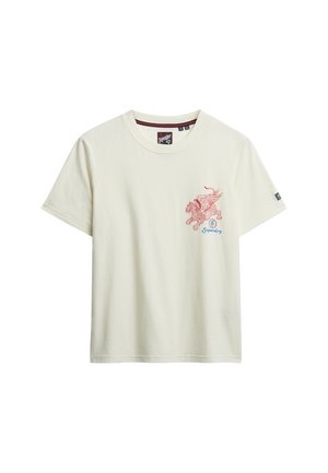Camiseta de manga corta de color crema con un gráfico de un león rojo y el logo "Superdry" en el pecho izquierdo. Material de algodón suave. Cuello redondo clásico.