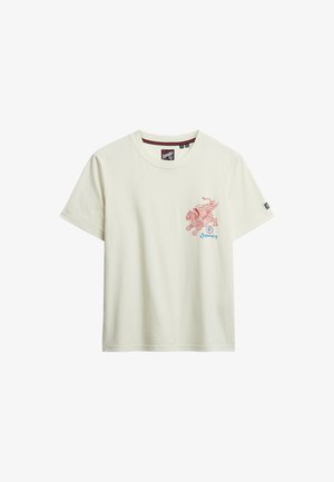 Camiseta de manga corta de color crema con un gráfico de un león rojo y el logo "Superdry" en el pecho izquierdo. Material de algodón suave. Cuello redondo clásico.