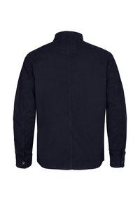 Veste bleue marine à boutons, avec un col droit, des manches longues et un tissu en coton lisse, dotée d'un design simple au dos.