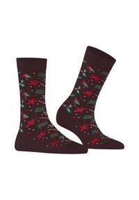 Braune Socken mit festlichen Mustern aus roten Sternen, grüner Stechpalme, Zuckerstangen und weißen Akzenten. Bequemes Stretchmaterial.