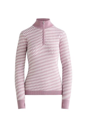 Pulover roz deschis cu guler semi-închidere cu fermoar, prevăzut cu un model alb în zigzag, manșete și tiv striate, confecționat din material tricotat moale.