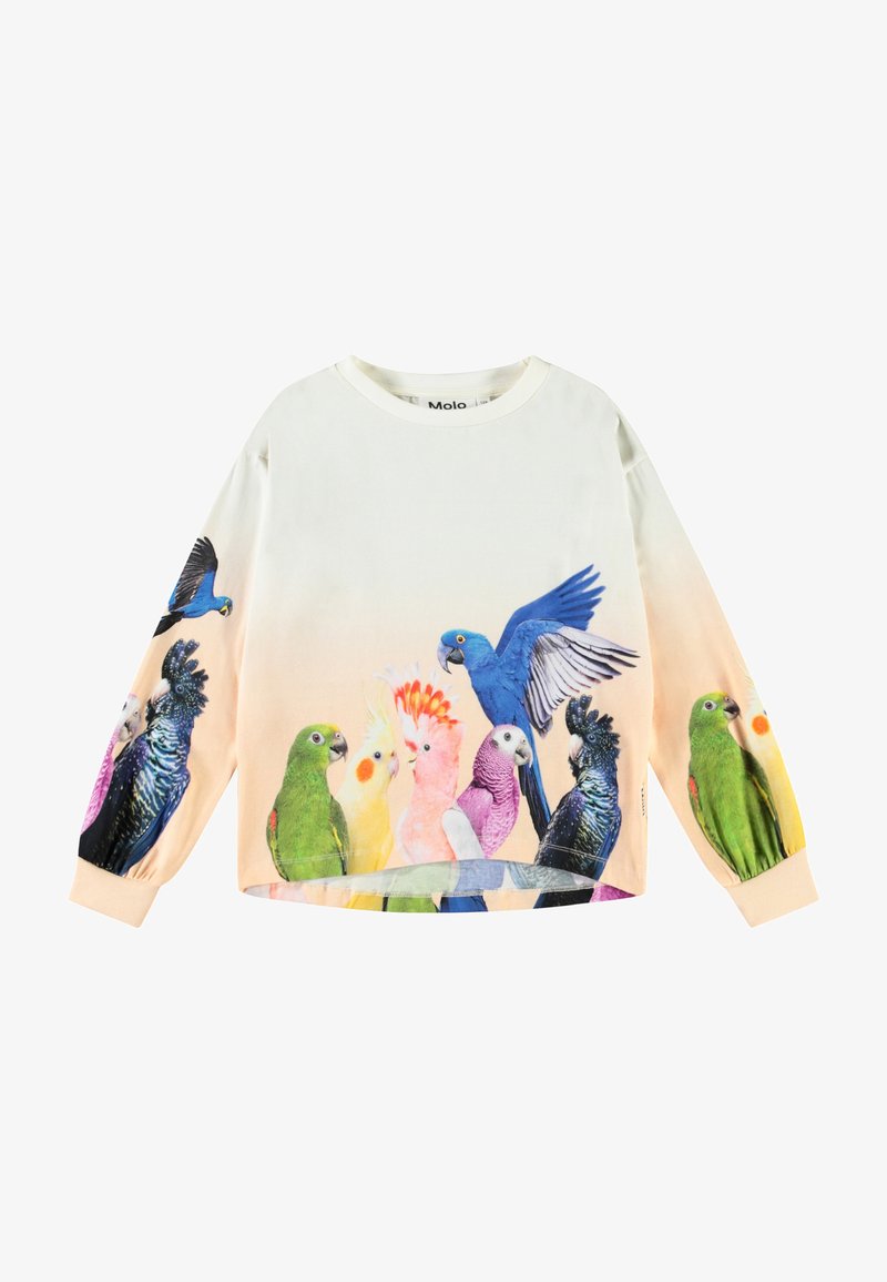 Krém színű, hosszú ujjú pulóver, a felső előtt és az ujjakon színes papagáj illusztrációkkal. Puha anyag, laza fazon és kerek nyakkivágás.