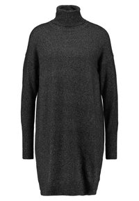 Pull à col roulé gris foncé, design oversize, manches longues, texture douce, ourlet arrondi, avec col et poignets côtelés, tissu tricoté.