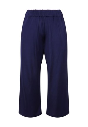 Pantalones de pierna ancha en azul marino, confeccionados en tejido ligero; cuentan con una cinturilla elástica para mayor comodidad y una textura suave y lisa.