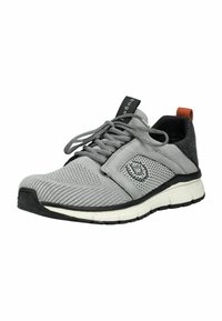 Scarpa sportiva grigia con tomaia in mesh, dettagli in suede e suola in gomma nera. Presenta punta arrotondata e lacci grigi abbinati.