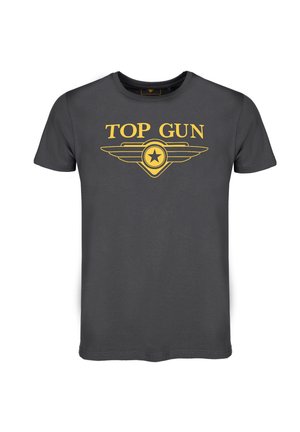 Ciemnoszary T-shirt z żółtym napisem "TOP GUN" oraz graficznym logo z skrzydłami i gwiazdą, wykonany z miękkiego bawełnianego materiału.