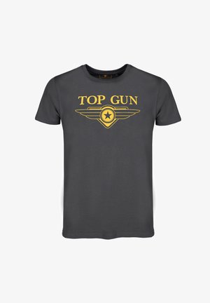 Ciemnoszary T-shirt z żółtym napisem "TOP GUN" oraz graficznym logo z skrzydłami i gwiazdą, wykonany z miękkiego bawełnianego materiału.