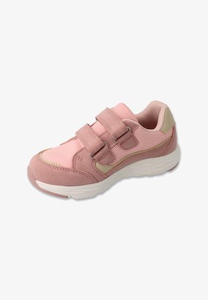 Jasnoróżowe sneakersy z siateczkowym cholewką i zamszowymi akcentami. Posiadają dwa regulowane paski na rzep oraz wyściełaną białą podeszwę.
