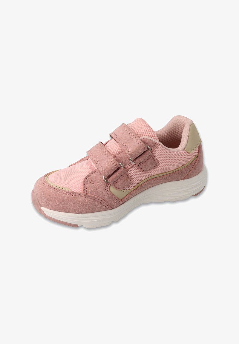 Jasnoróżowe sneakersy z siateczkowym cholewką i zamszowymi akcentami. Posiadają dwa regulowane paski na rzep oraz wyściełaną białą podeszwę.