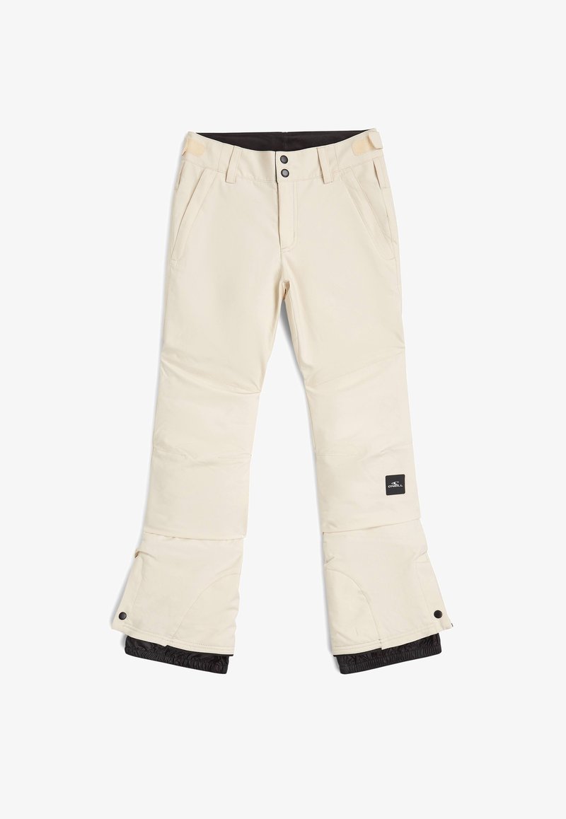 Beige snow pants with a smooth texture, a black interior lining, two front pockets, a button closure, and a logo patch on the leg.
