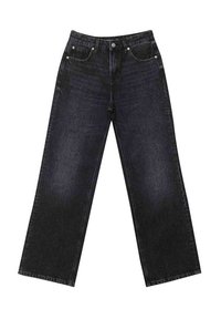 Jean noir à jambes larges avec taille haute, fermeture à boutons et fermeture éclair, poches avant et arrière, posé à plat sur un fond blanc.