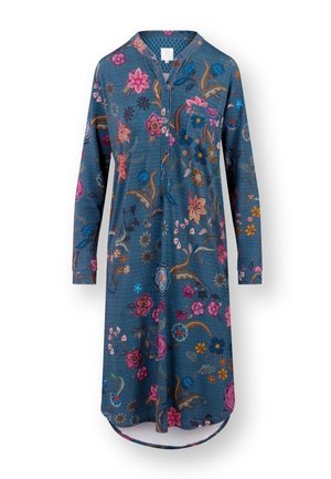 Langärmliges blaues Kleid mit rosa, lila und gelben Blumenmustern, einer Brusttasche und einem geknöpften V-Ausschnitt.