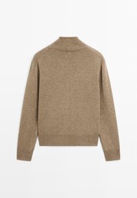 Brown knitted sweater with a high collar, ribbed cuffs, and hem. Soft texture, showcasing a simple and clean design.